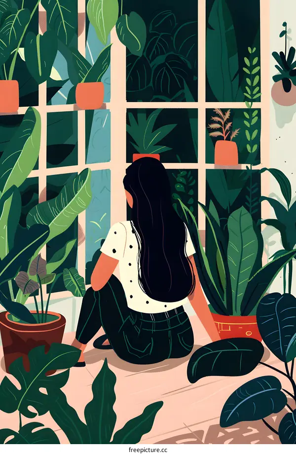 Woman Sitting Near Window With Plants