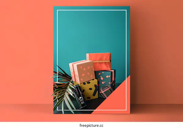 Gift Boxes Mockup With Palm Leaf On Teal Background
