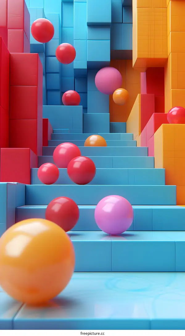 Colorful 3D illustration of a staircase with pink, red, orange, and yellow balls