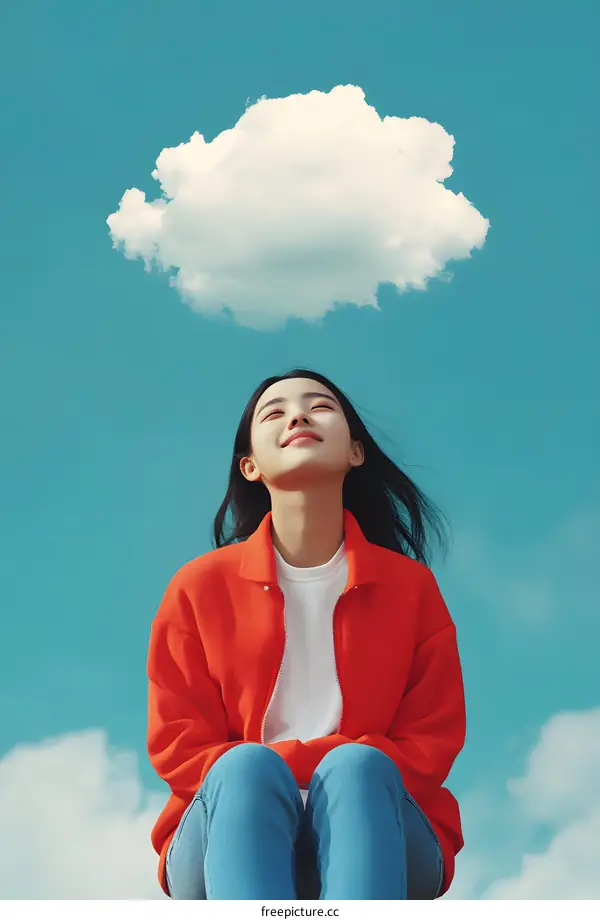 Woman Sitting Under a Cloud With Blue Sky