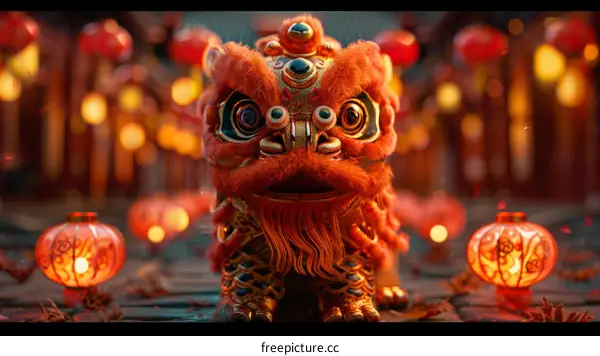 Lion Dance Performance at Chinese Spring Festival, Auspicious Symbol of Fortune and Good Luck