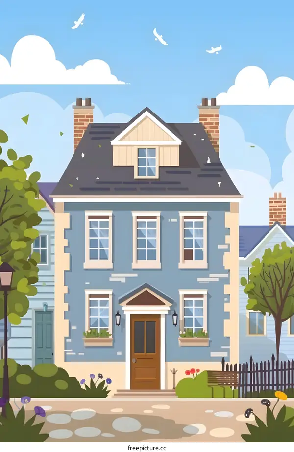 Blue House with Front Porch and Garden