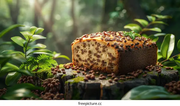 Banana bread on a tree stump in the forest