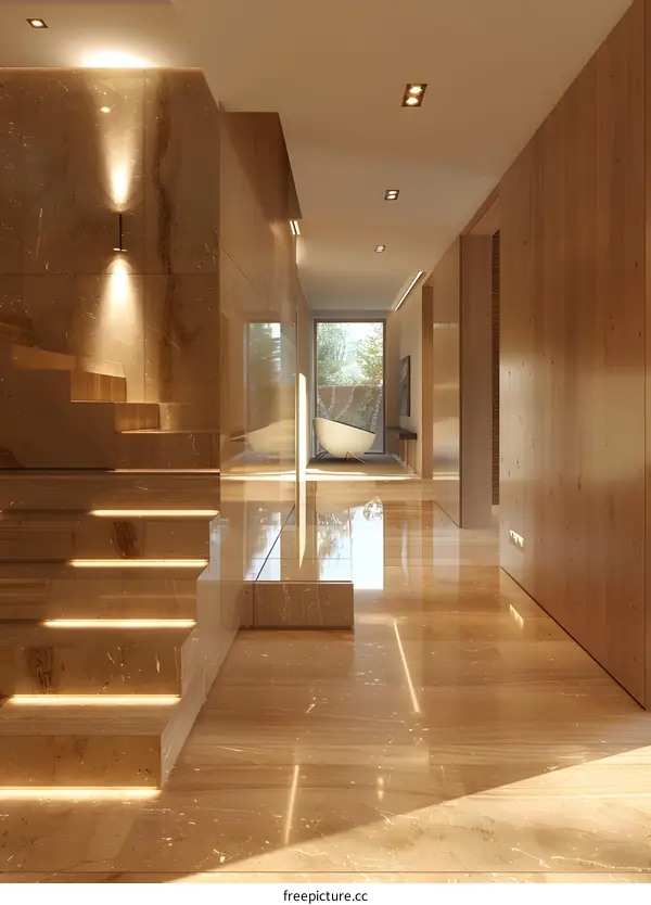 Modern Interior Design Hallway With Wooden Walls And Marble Floor