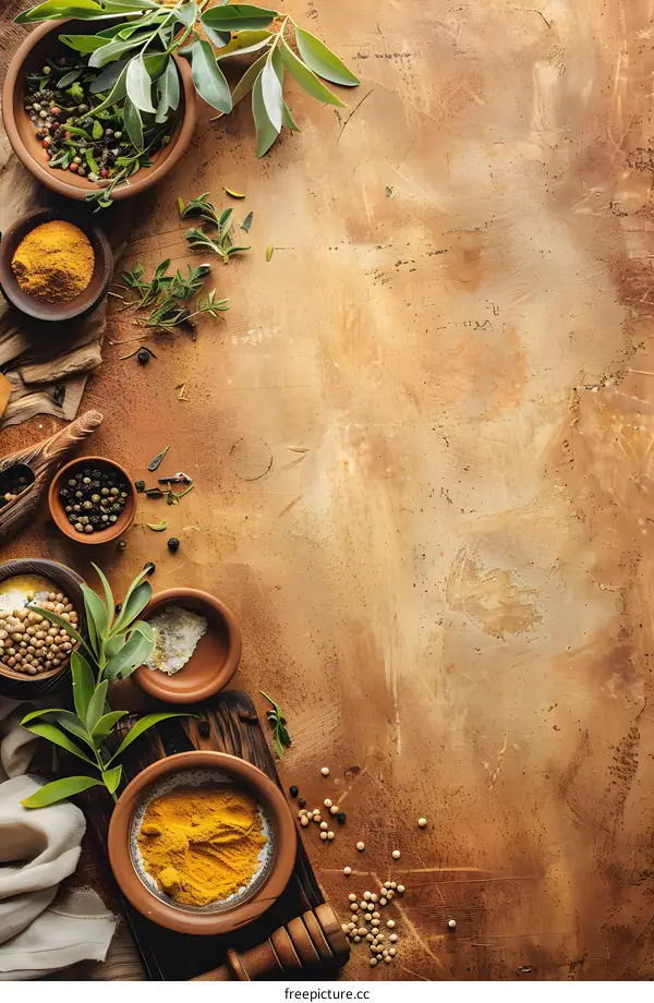 Spices and Herbs on Rustic Brown Background