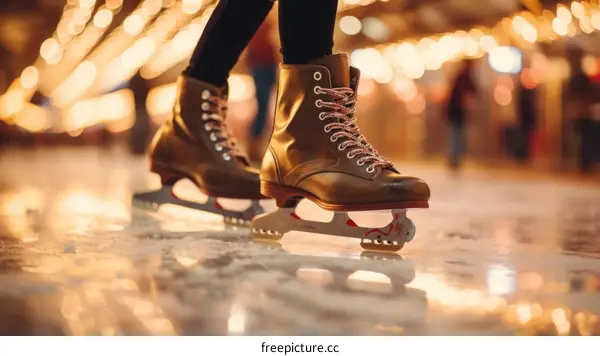 Person ice skating on a rink with blurred lights in the background