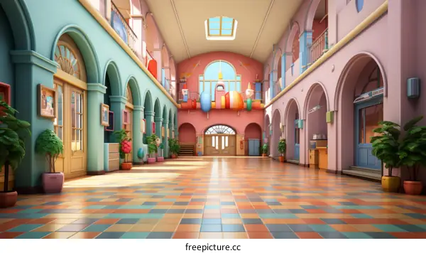 A colorful school hallway with lockers, plants, and a balloon arch