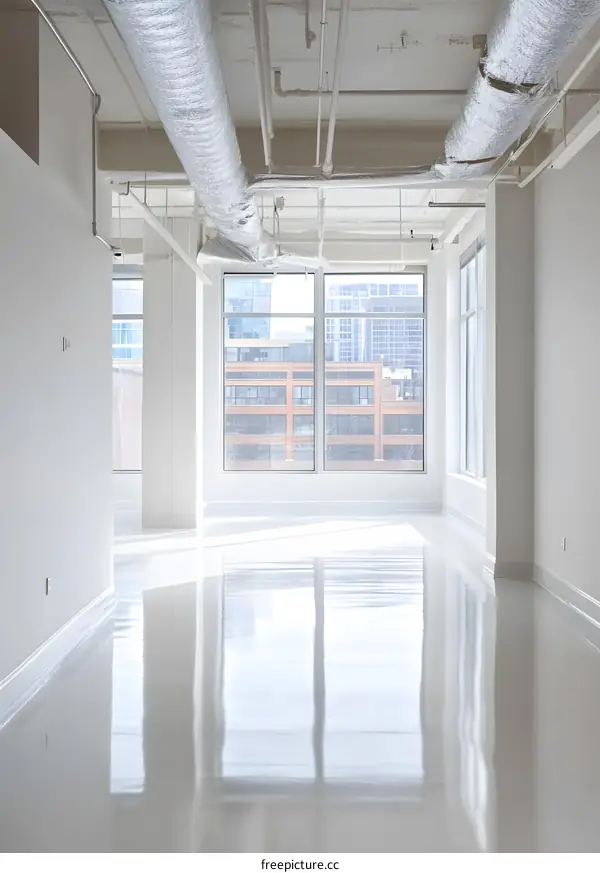 Empty White Room with Large Windows and City View