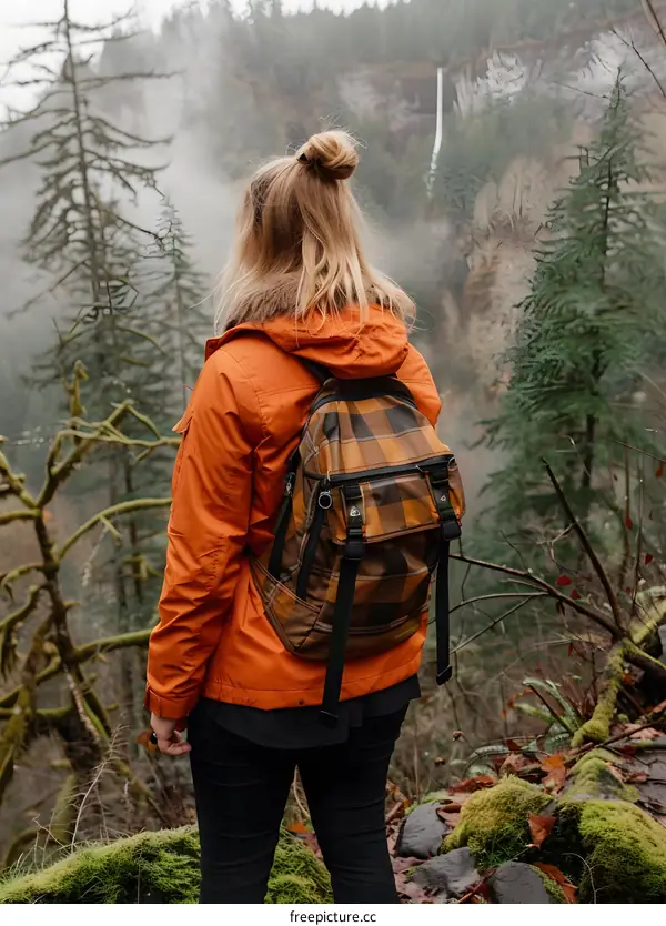 Woman With Backpack Looking At Waterfall