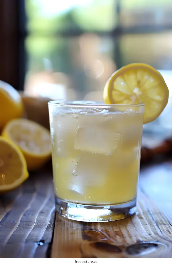 Refreshing Lemonade Drink with Lemon Slice and Ice Cubes