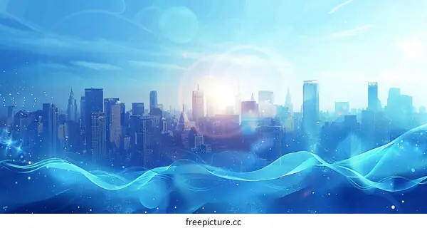Abstract Blue Skyline Cityscape with Waves