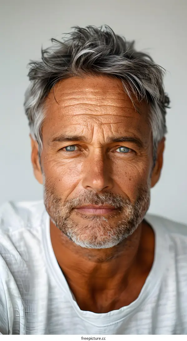 Portrait of a Mature Man with Gray Hair and Blue Eyes