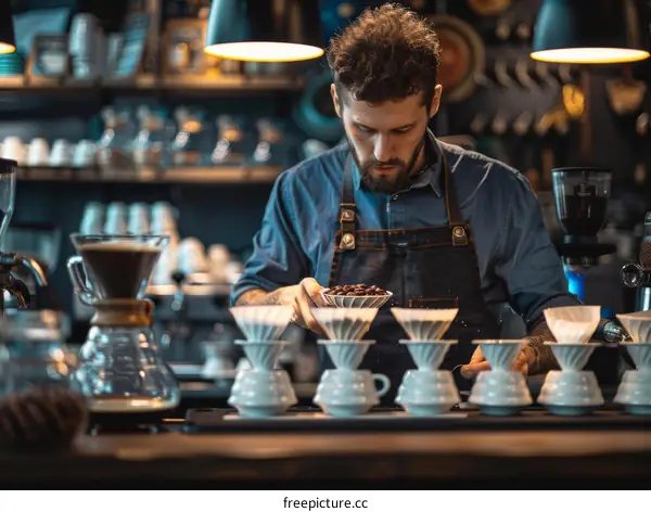 Barista carefully pouring coffee beans into a coffee filter