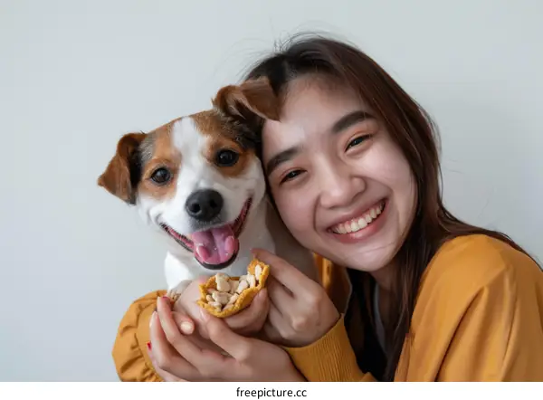 A smiling young woman holding a small dog