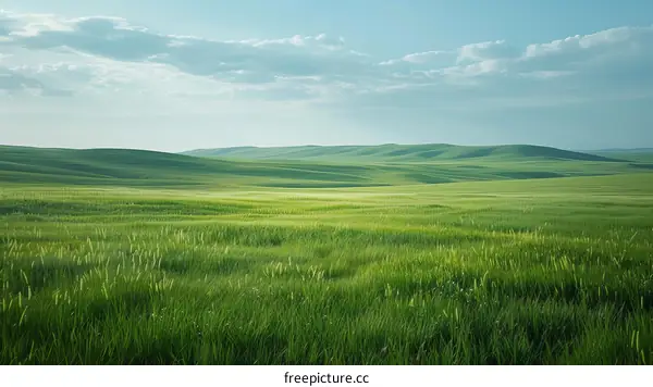 Tranquil Grassland Landscape with Rolling Hills and Clear Blue Sky