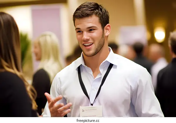 Smiling Man in a White Shirt Talking to a Woman at a Conference