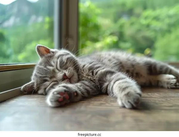 A sweet tabby kitten is sleeping soundly on a wooden table near a window.