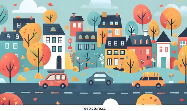 Autumn Village Landscape Illustration