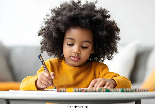 Young African American girl drawing with crayons on a table
