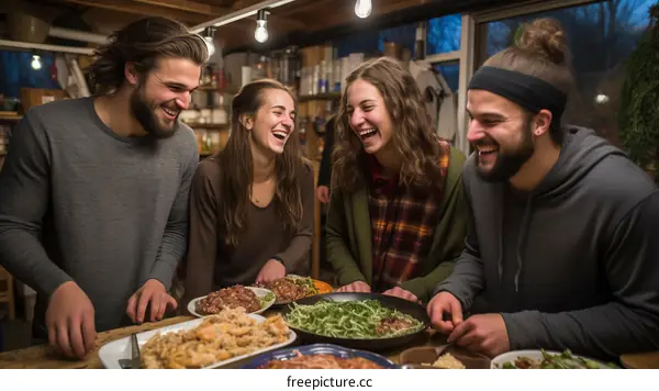 Four friends laughing and eating dinner together