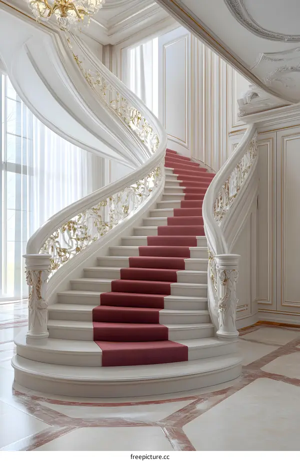 White Staircase with Red Carpet in a Luxury Home