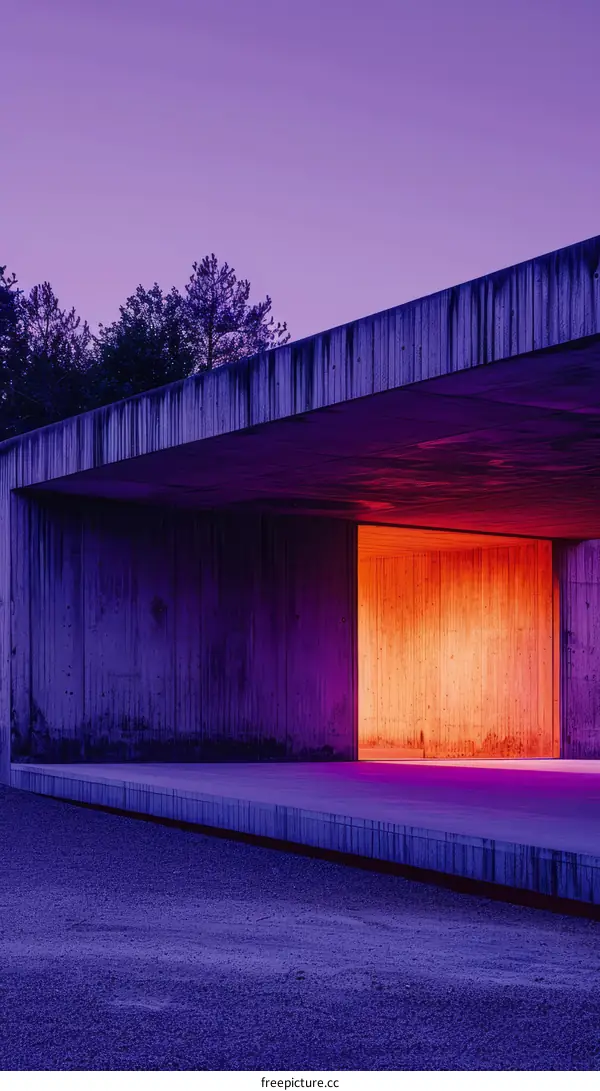 Modern concrete building illuminated by pink light at dusk