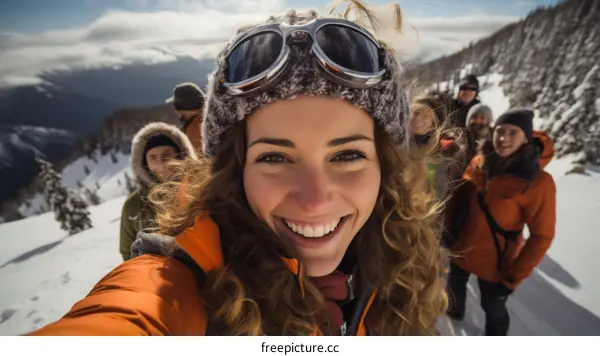 Group of friends snowshoeing in the mountains