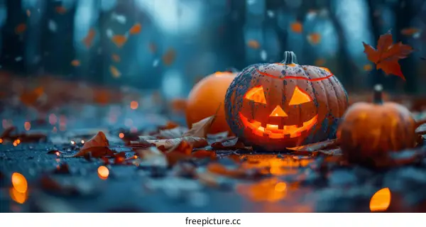 Spooky Halloween Pumpkin in the Rain