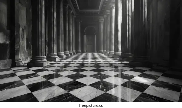 Black and white photo of a long corridor with endless marble columns