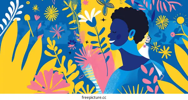 Smiling Black Woman in a Garden of Abstract Flowers
