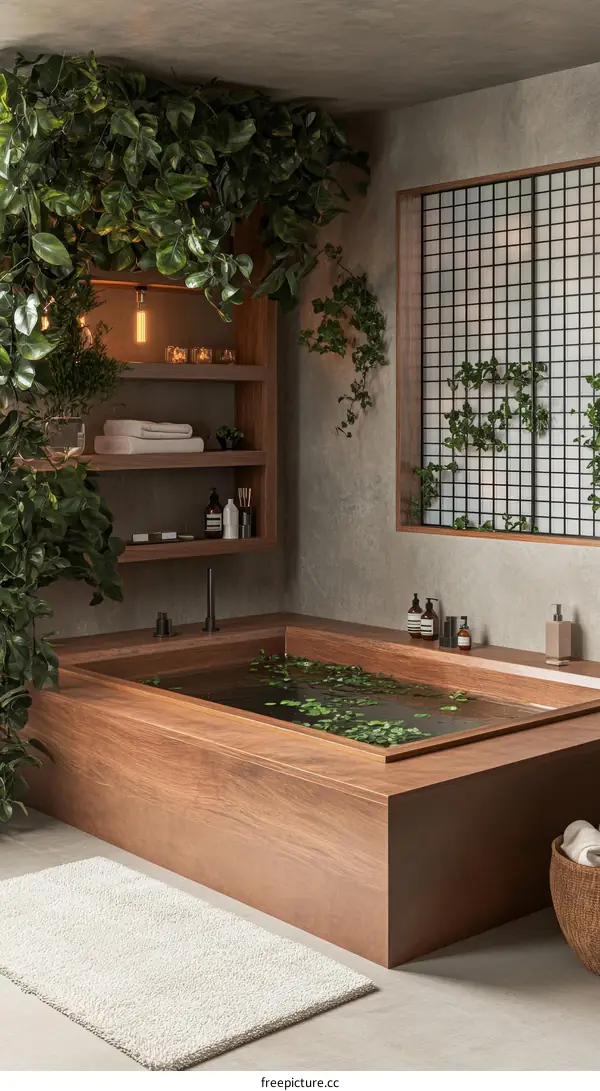 Modern Wooden Spa Bathroom with Lush Plants