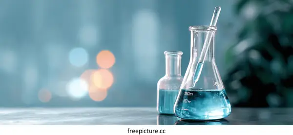 Laboratory Glassware with Liquid and Blurred Background