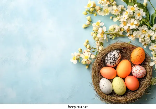 Easter Eggs in a Nest with Spring Flowers