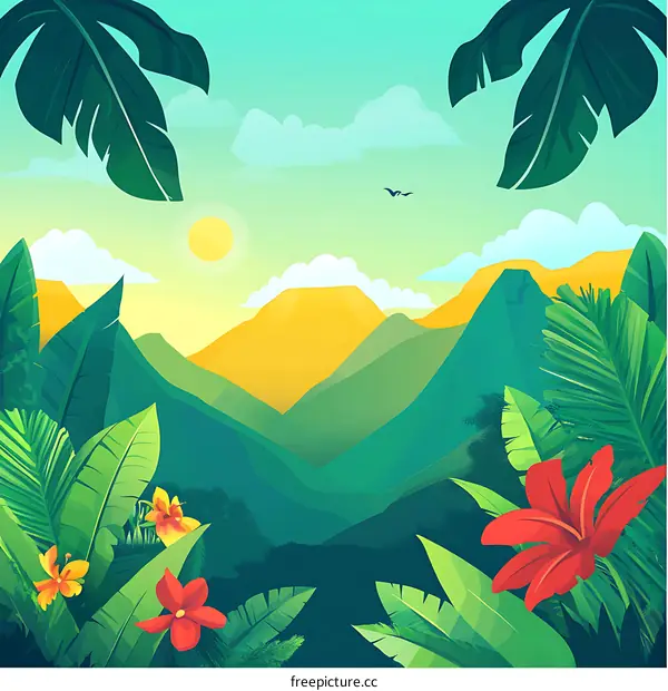 Tropical Landscape Illustration with Mountains, Flowers, and Palm Trees