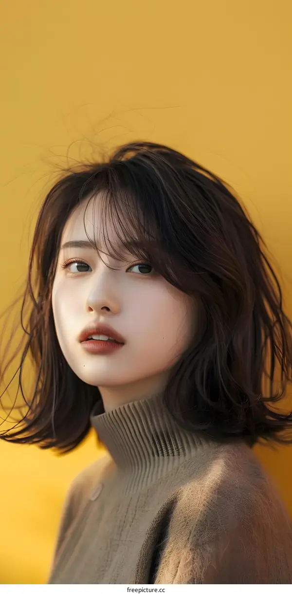 Portrait of a Young Woman with Short Hair in a Brown Sweater