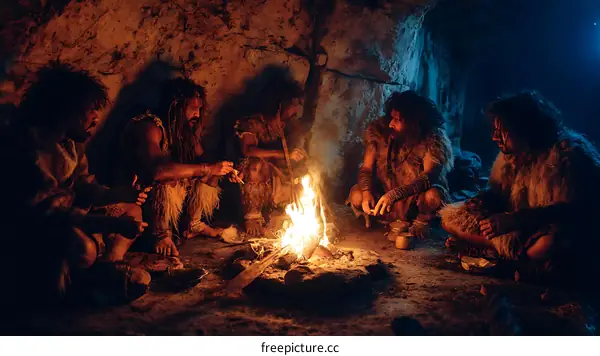 Prehistoric People Gathering Around a Fire in a Cave