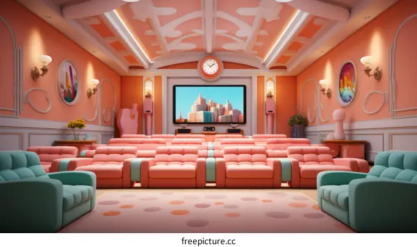 Retro Pink and Blue Home Theater Room Interior Design