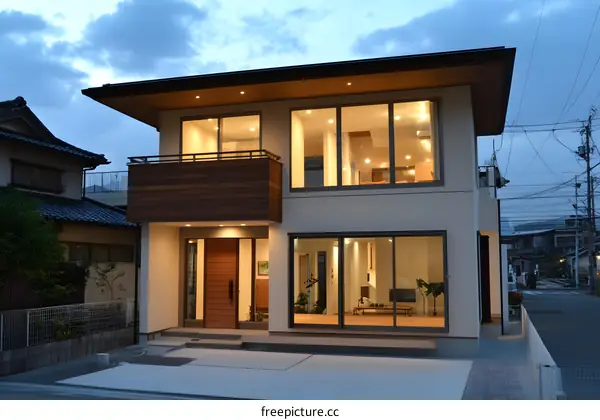 Modern Two Story House With Wooden Deck And Large Windows