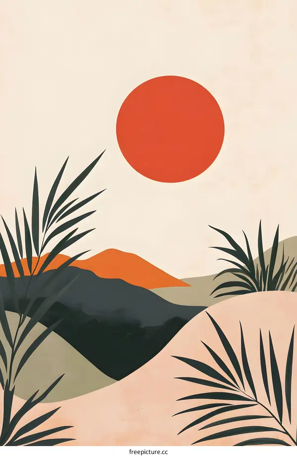 Abstract Minimalist Landscape Illustration with Palm Trees and Sunset