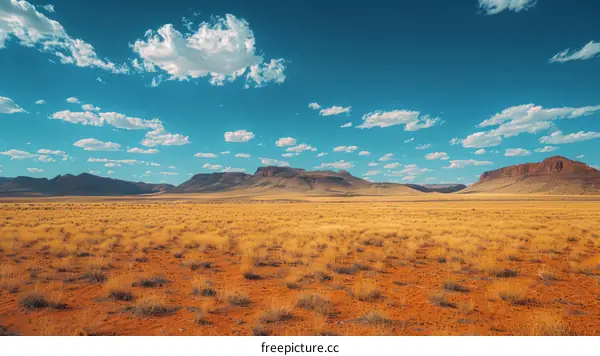 A vast arid desert landscape with mountains in the distance