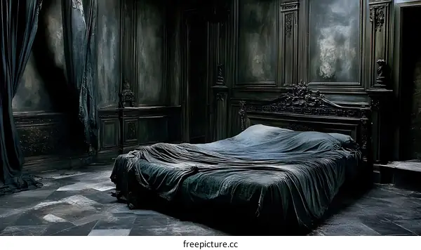 Dark and Gloomy Bedroom Interior With Unmade Bed