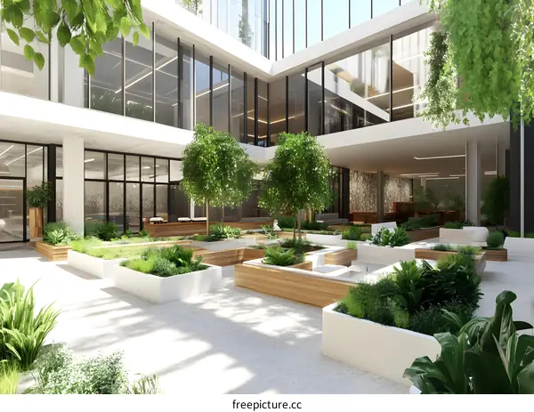 Modern Office Building Courtyard with Greenery