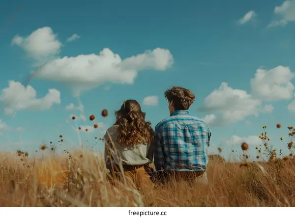A couple is sitting on a grass field and looking at the sky