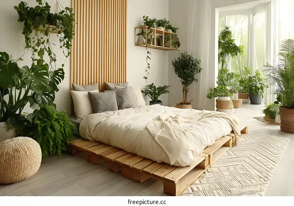 Modern Bedroom with Abundant Plants and Wooden Pallet Bed