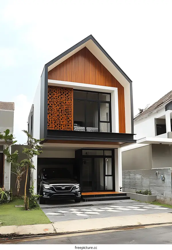 Modern House with Wooden Facade and Black Frames
