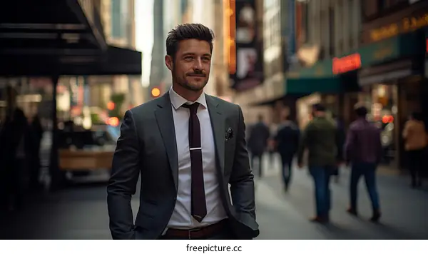 A young professional man in a suit walking down a busy street