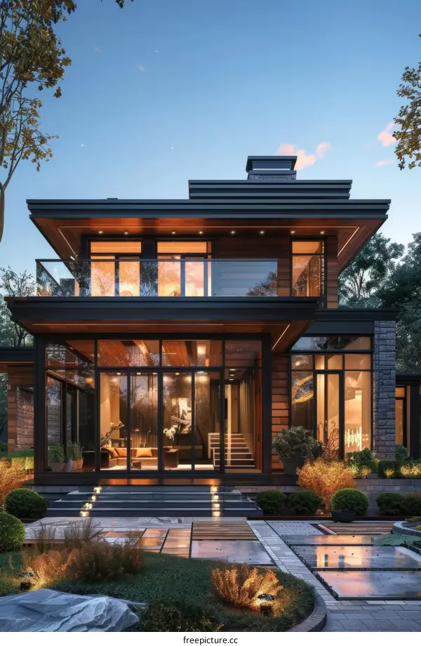 Modern Two Story House with Illuminated Exterior at Dusk