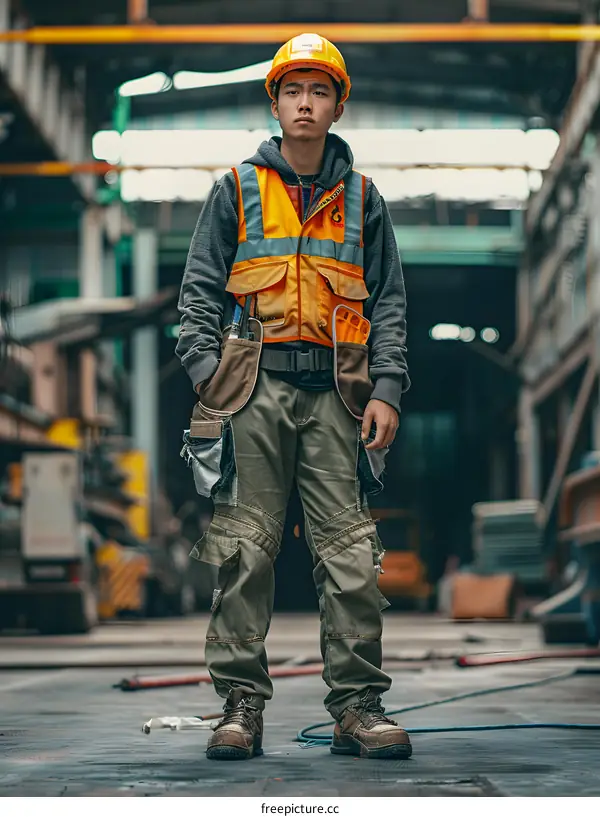portrait of a young construction worker wearing a hard hat and safety vest