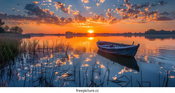 Wooden boat on the lake at sunset