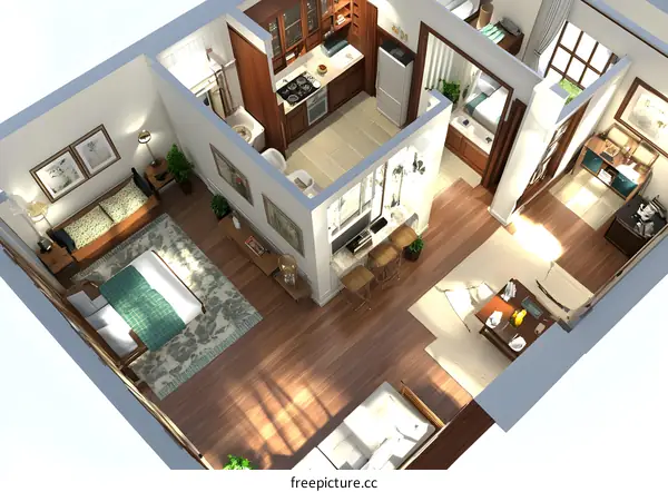 Top View of a Modern Apartment with Furniture and Kitchen